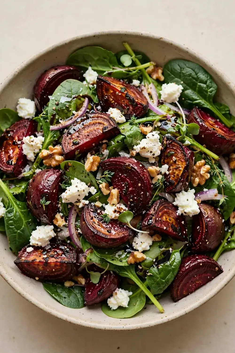 Spinach and Roasted Beet Salad with Goat Cheese