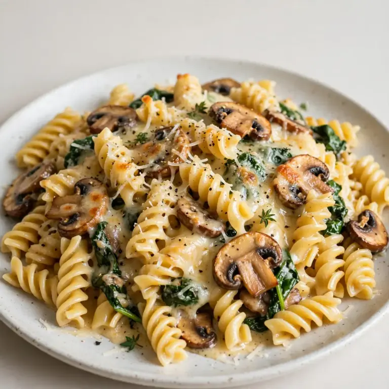 Budget Batch Prep Käsige Pilz-Spinat-Rotini