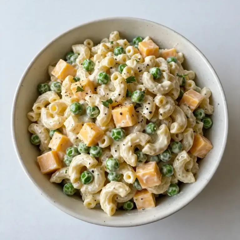 Budget Cremiger Macaroni Salad mit Cheddar und Erbsen für Meal Prep