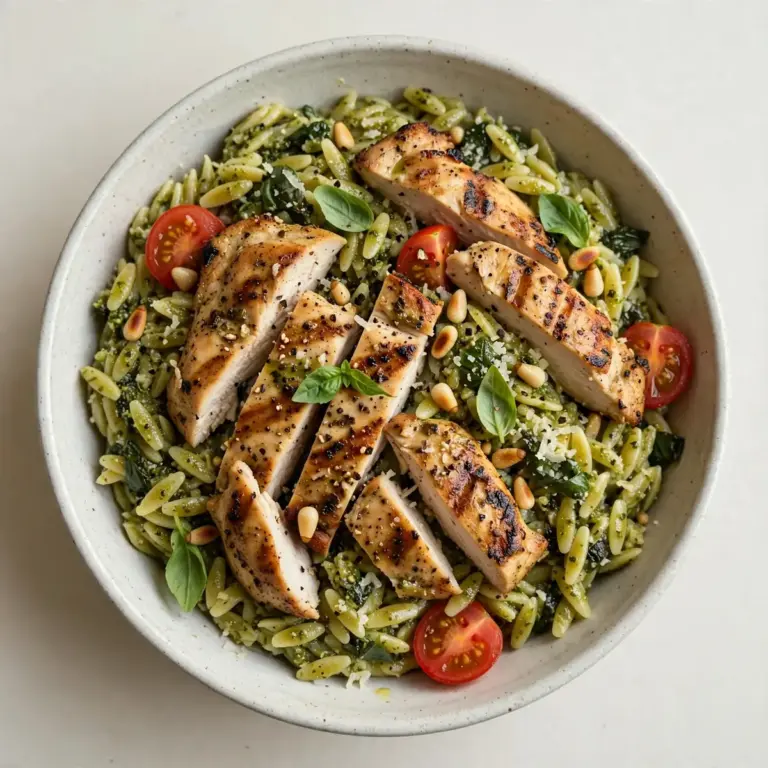 Budget-Mahlzeit: Pesto Orzo Bowl mit gegrilltem Hähnchen