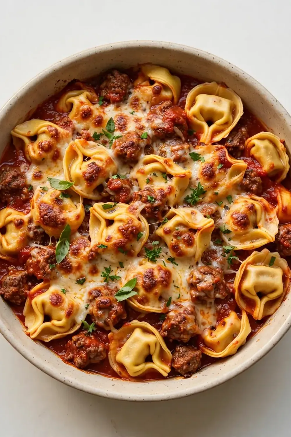 Baked Cheese Tortellini with Beef Marinara