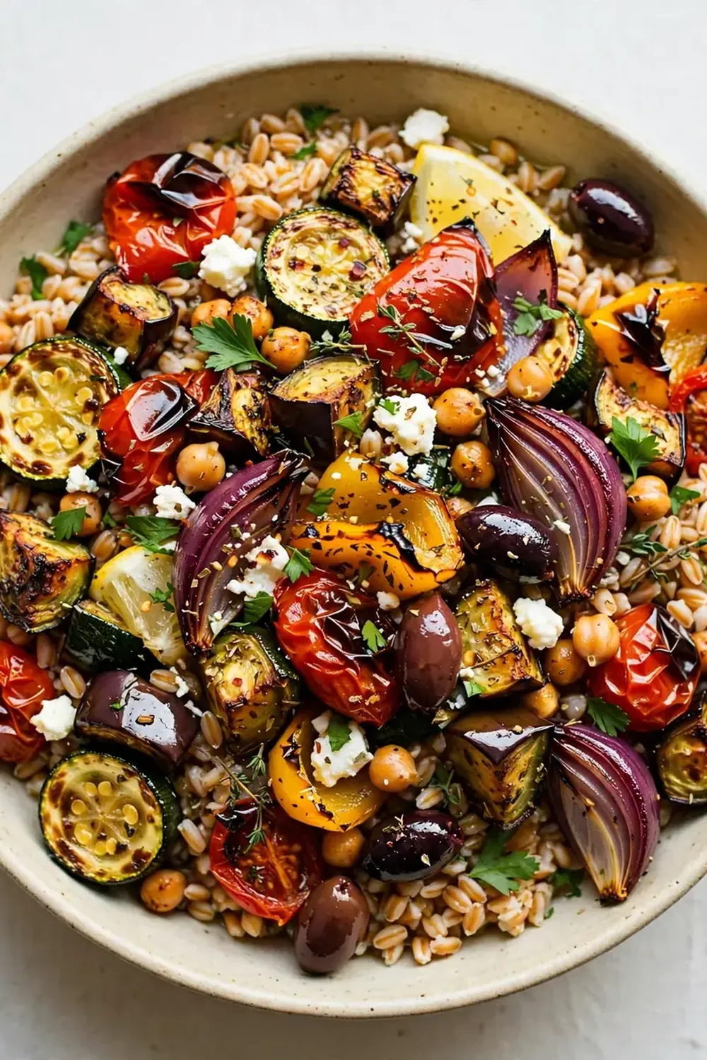 Mediterranean Farro and Roasted Veggie Bowl