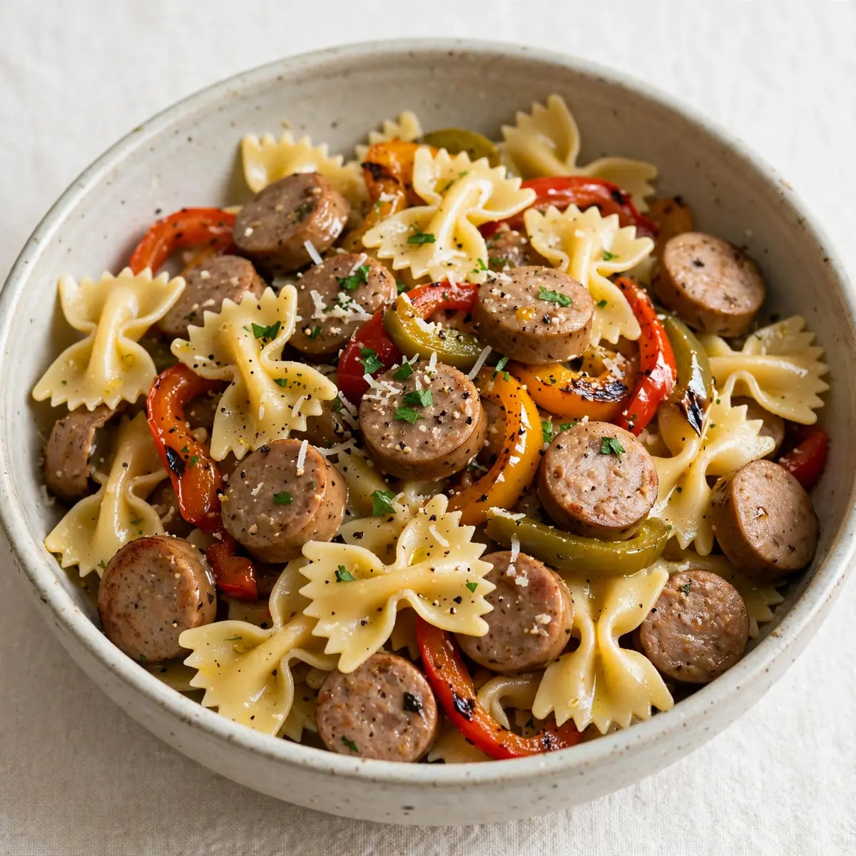 Budgetfreundliches Puten-Sausage-Pepper-Farfalle Meal Prep