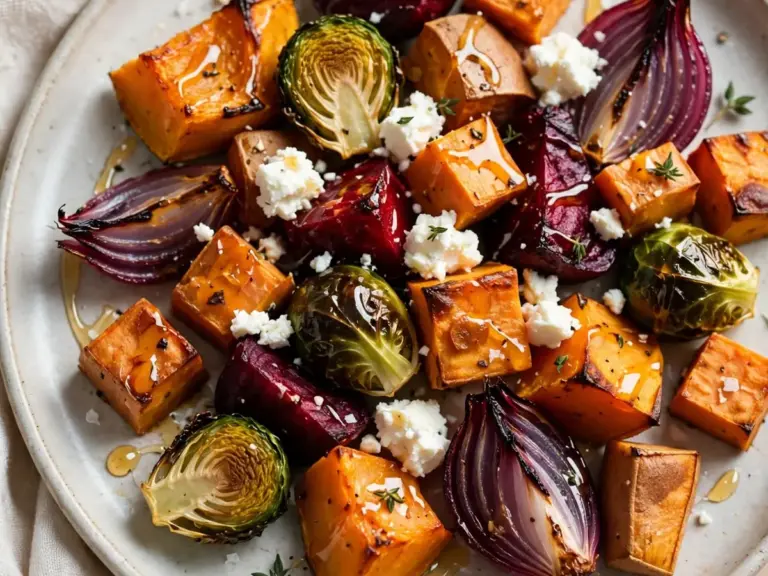 Herbstliches Ofengemüse mit Feta und Honig-Dressing