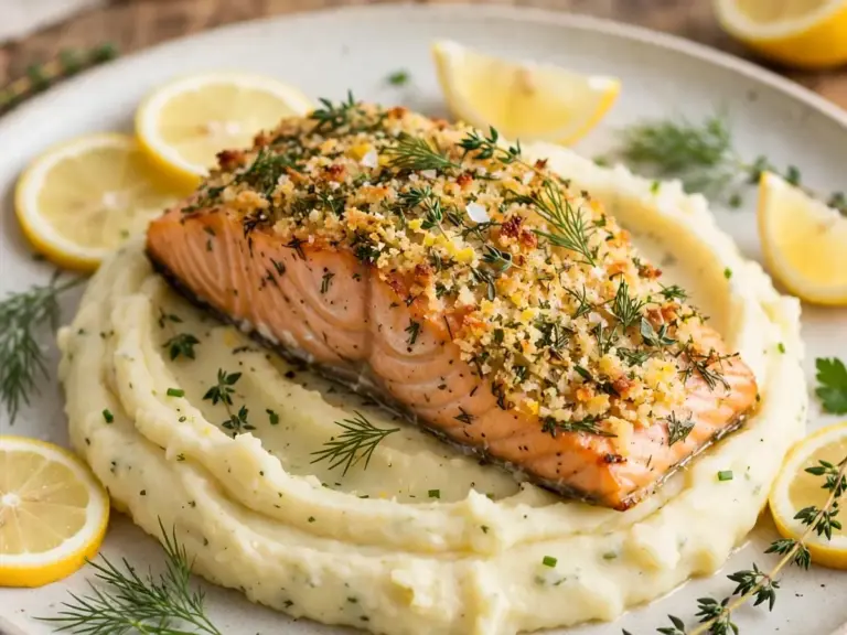 Lachs aus dem Ofen mit Zitronen-Kräuter-Kruste und Kartoffelpüree