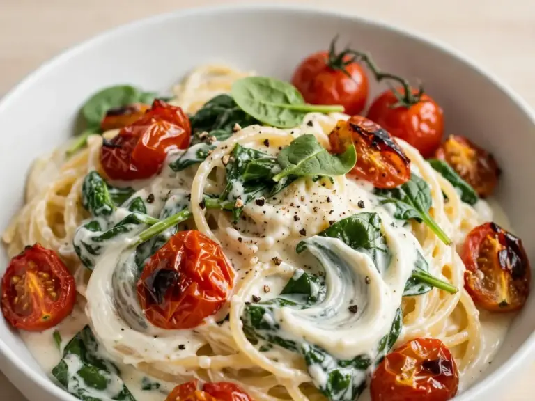 One-Pot-Pasta mit Tomaten, Spinat und Frischkäse