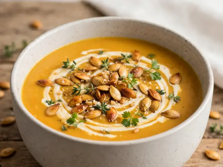 Schnelles Abendessen: Cremige Kürbissuppe mit gerösteten Kernen